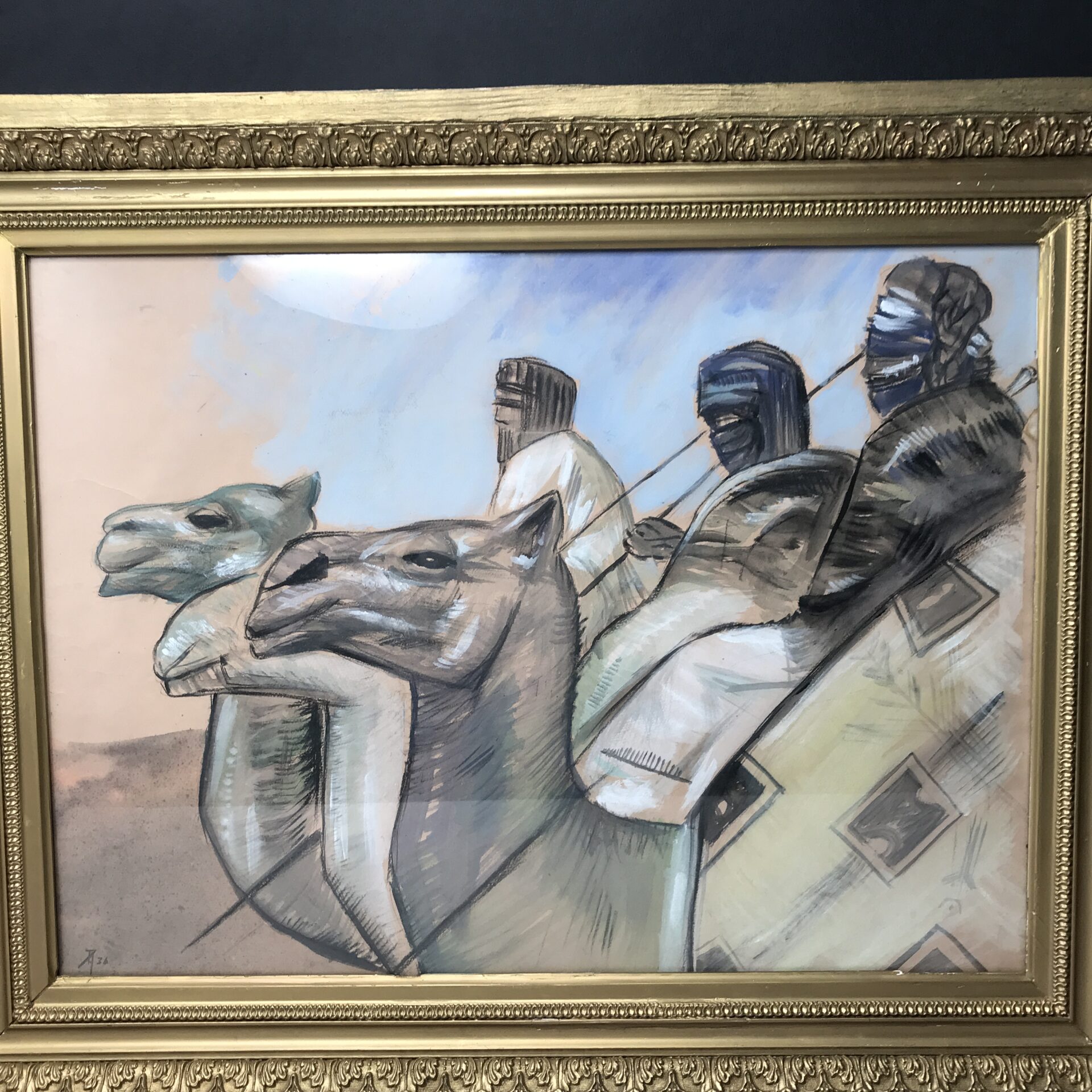pastel orientaliste art deco représentant des touaregs à dos de chameau