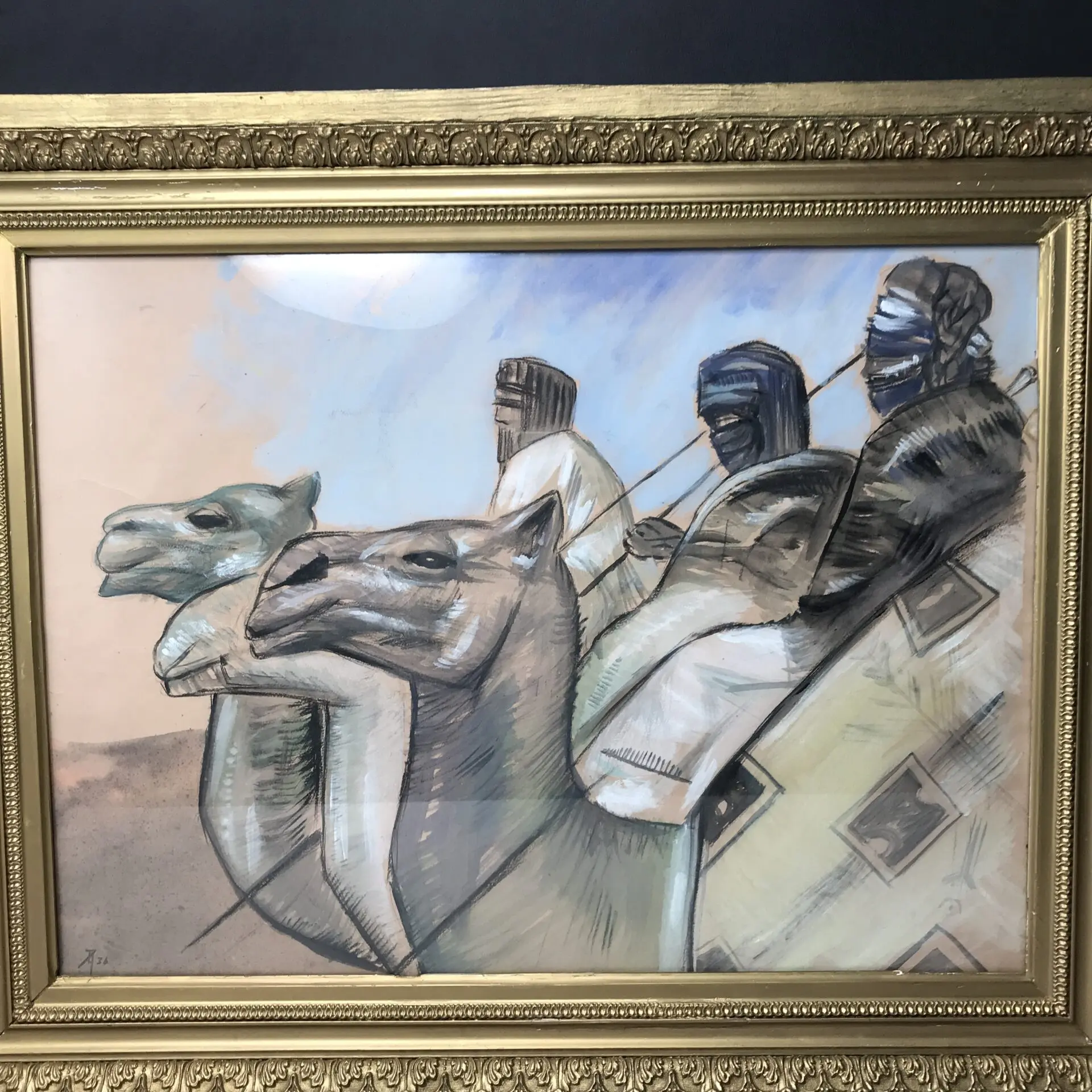 pastel orientaliste art deco représentant des touaregs à dos de chameau