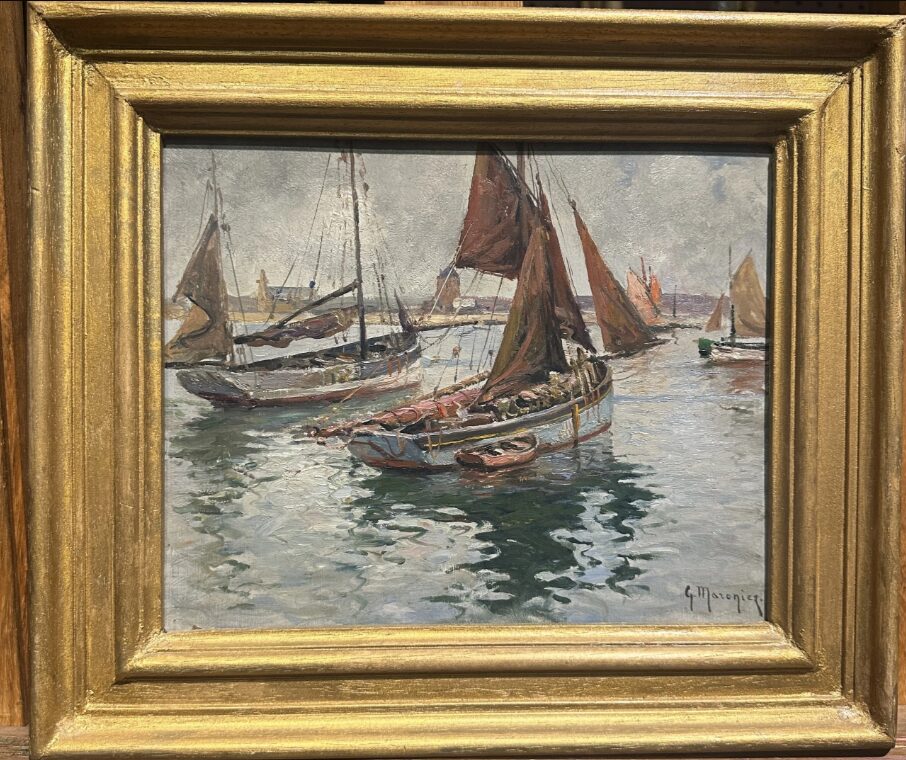 Chalutiers par temps calme à Camaret – Huile sur bois signée Georges Maroniez