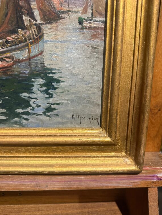 Chalutiers par temps calme à Camaret – Huile sur bois signée Georges Maroniez