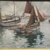 Britanny Seascape Painting, Trawlers in calm weather at Camaret – Oil on wood signed Georges Maroniez