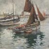 Peinture Marine bretonne, Chalutiers par temps calme à Camaret – Huile sur bois signée Georges Maroniez