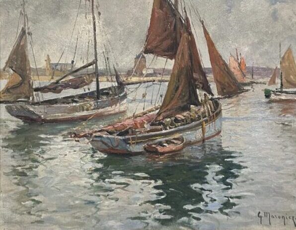 Chalutiers par temps calme à Camaret – Huile sur bois signée Georges Maroniez