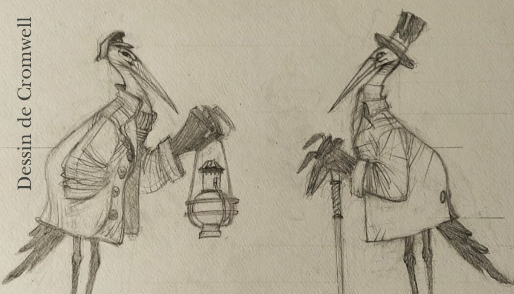 recto de la carte de visite de la frenchcigogne art antiquités dessinée au crayon par Cromwell