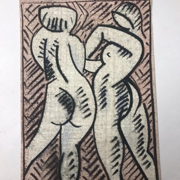 COUPLE - Harold AMBELLAN - dessin au fusain et technique mixte, signé et daté 82 vintage