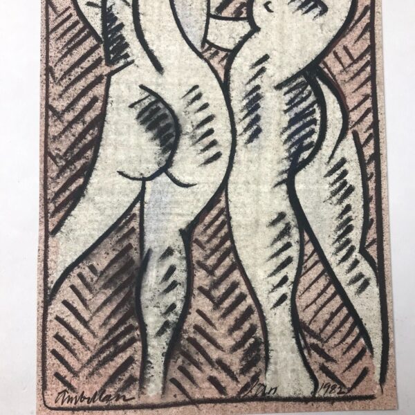 COUPLE - Harold AMBELLAN - dessin au fusain et technique mixte, signé et daté 82 vintage