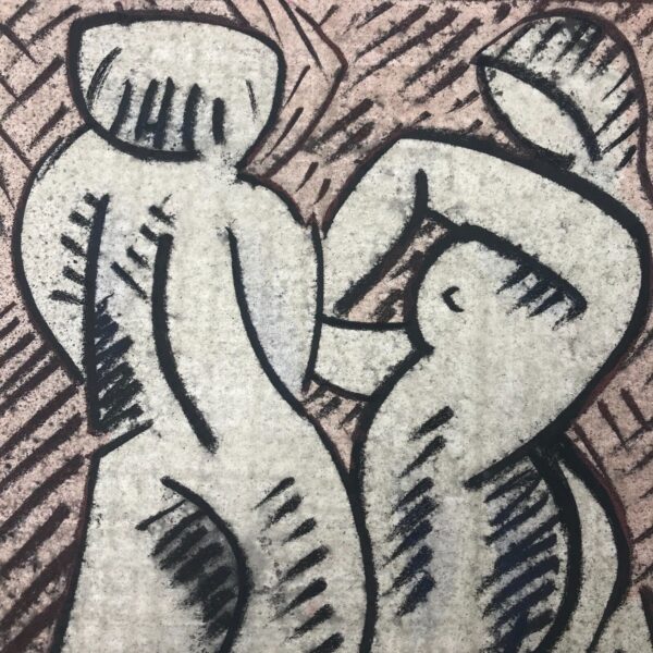 COUPLE - Harold AMBELLAN - dessin au fusain et technique mixte, signé et daté 82 vintage