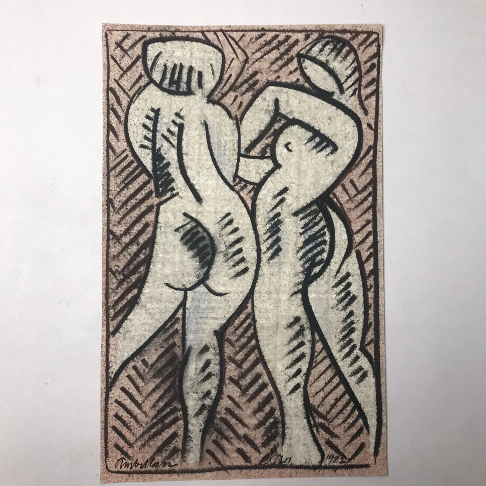 COUPLE - Harold AMBELLAN - dessin au fusain et technique mixte, signé et daté 82 vintage