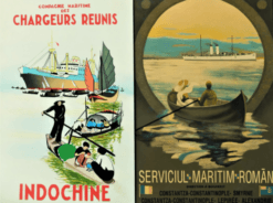 Paire de PANNEAUX PUBLICITAIRES COMPAGNIE MARITIME en bois laqué VINTAGE