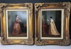 Peinture romantique XIXe signée en bas à droite de Jean Baptiste Fauvelet - les lettres - huile sur bois dans un cadre doré d'époque