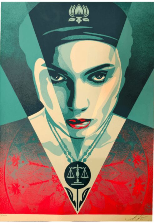 JUSTICE WOMAN sérigraphie OBEY, signé au fusain Shepard FAIREY