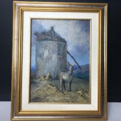Peinture sur toile d'un âne et d'un moulin