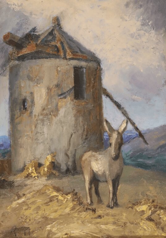 Peinture encadrée L'ANE ET LE MOULIN huile XXe, double face vintage ancienne – Image 4