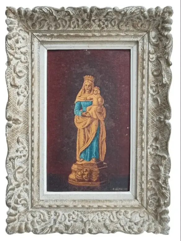 HOLY VIRGIN AND CHILD KING Oil on hardboard signed Christian LEMESLE 20th Century Painting