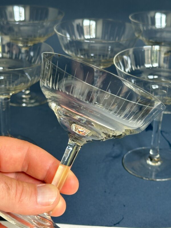 6 COUPES A CHAMPAGNE en verre gravé art déco vintage ancien authentique – Image 2