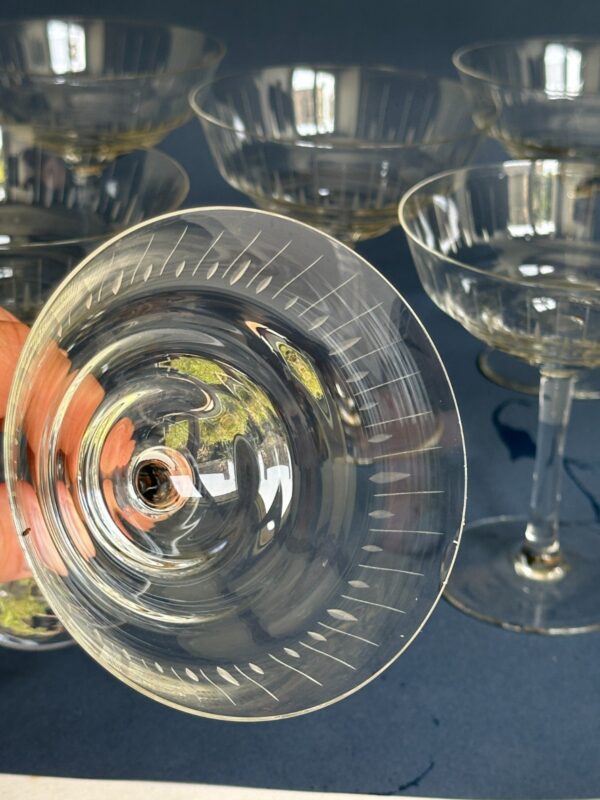 6 COUPES A CHAMPAGNE en verre gravé art déco vintage ancien authentique – Image 4