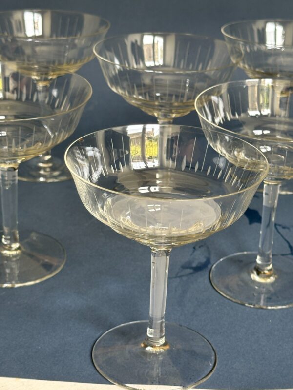 6 COUPES A CHAMPAGNE en verre gravé art déco vintage ancien authentique – Image 5