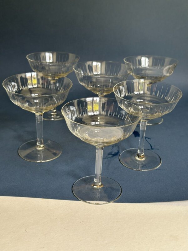 6 COUPES A CHAMPAGNE en verre gravé art déco vintage ancien authentique – Image 6