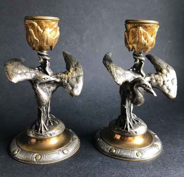 19th-century animal WADING BIRD gilt and silvered bronze CANDLESTICKS