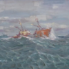 CHALUTIERS TEMPÊTE marine LE TOULLEC grand tableau peinture mer bateau BRETAGNE