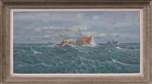 CHALUTIERS TEMPÊTE marine LE TOULLEC grand tableau peinture mer bateau BRETAGNE – Image 2