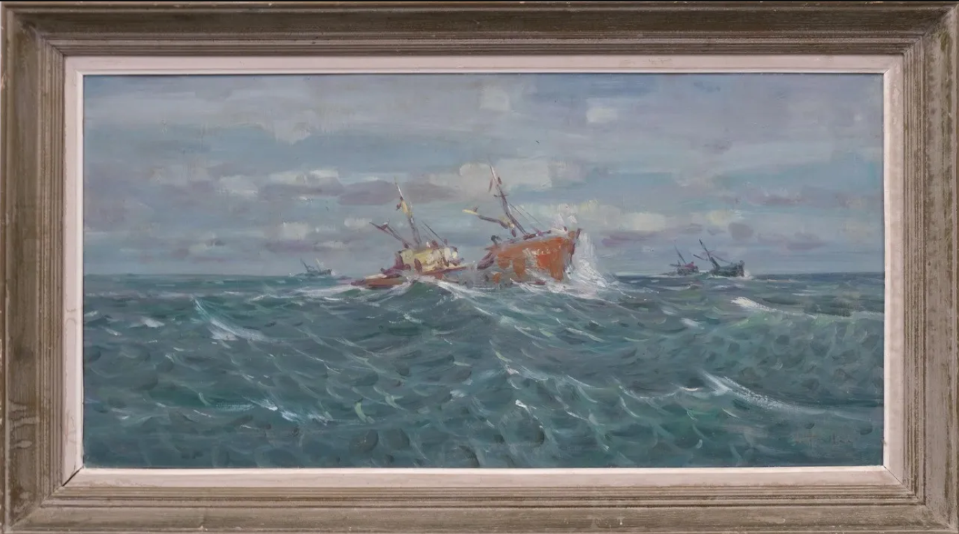 CHALUTIERS TEMPÊTE marine LE TOULLEC grand tableau peinture mer bateau BRETAGNE – Image 2