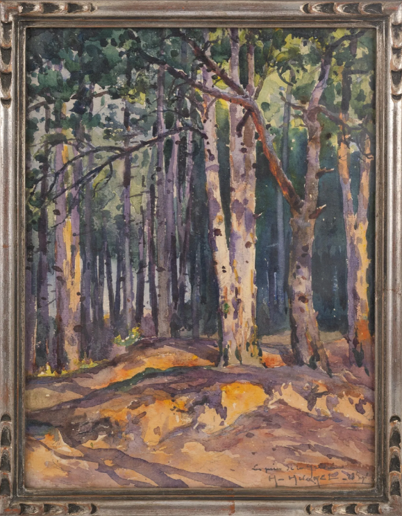 Forêt de pins aquarelle daté signé H. HUGREL tableau peinture vintage antique