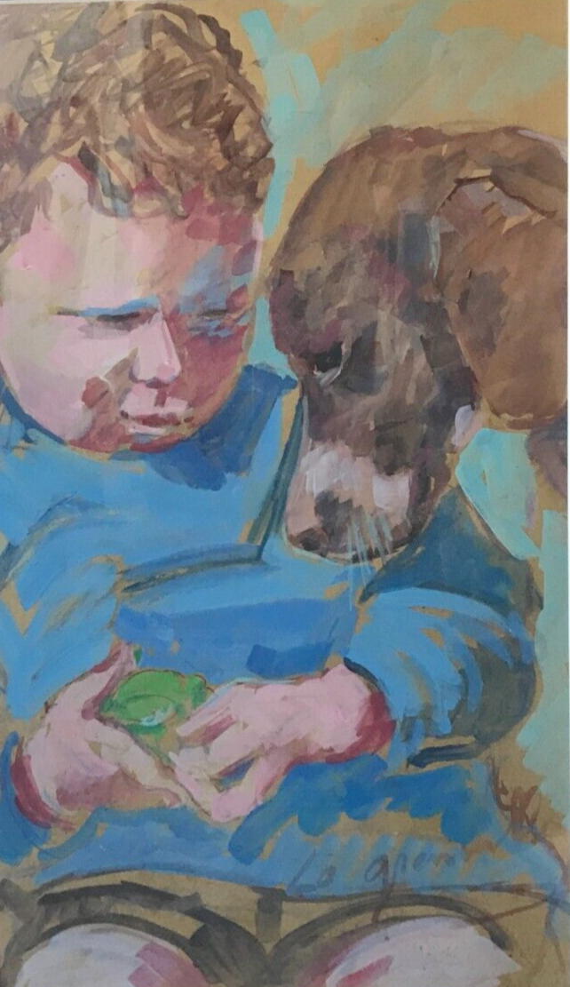 THE FROG: Child and Dog, Signed CAILLOTIN - Animal Painting - Image 3