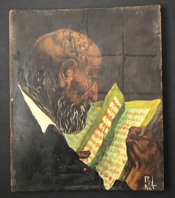"Lecture" sur bois signé à déchiffrer VIEL HOMME LISANT tableau peinture antique