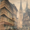 Lithographie CARREFOUR A QUIMPER Cathédrale Bretagne vintage antique