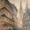 Lithograph, Crossroads in Quimper, Cathedral, Britanny, Vintage, Antique