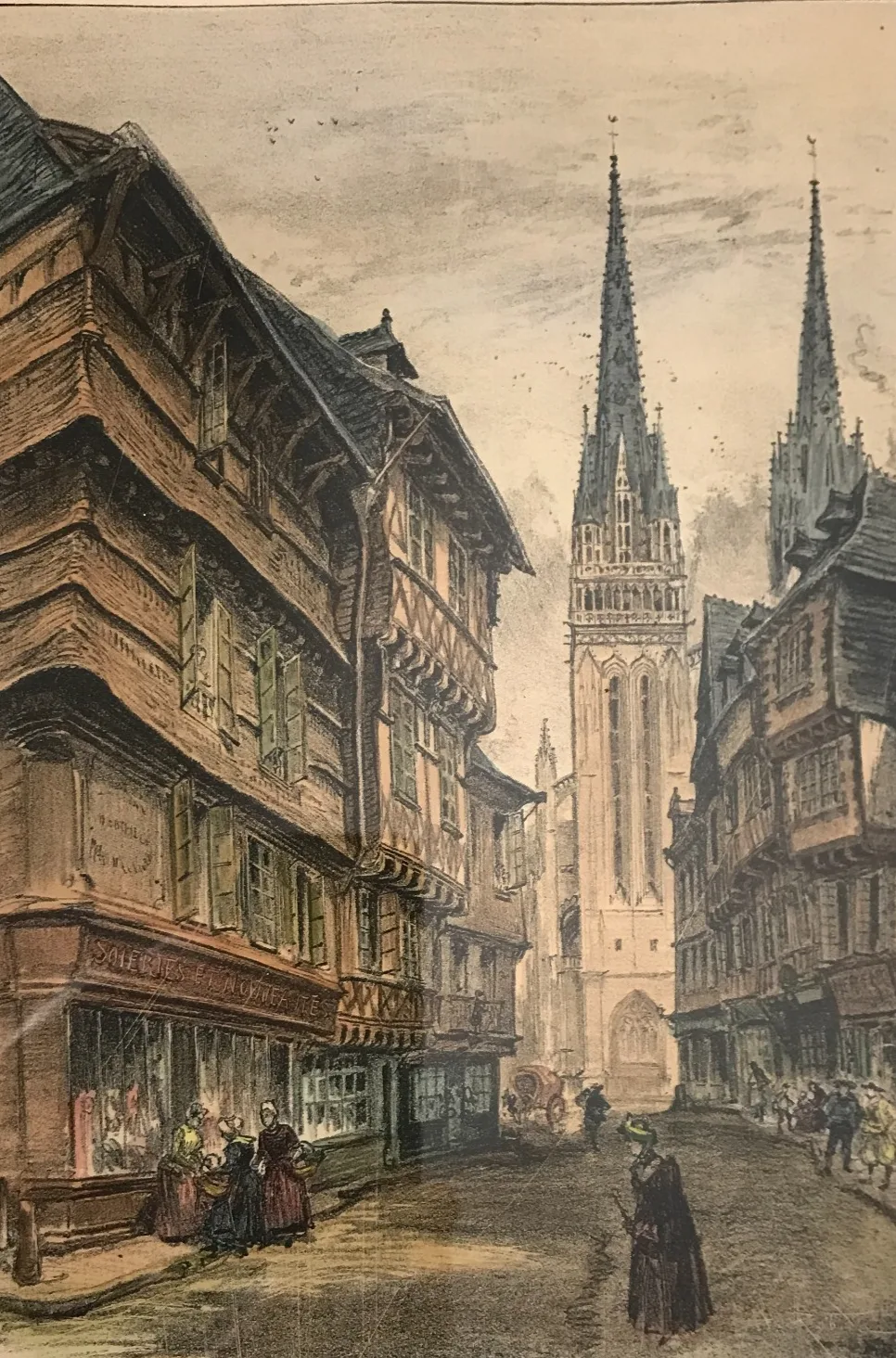 Lithograph, Crossroads in Quimper, Cathedral, Britanny, Vintage, Antique - Image 2