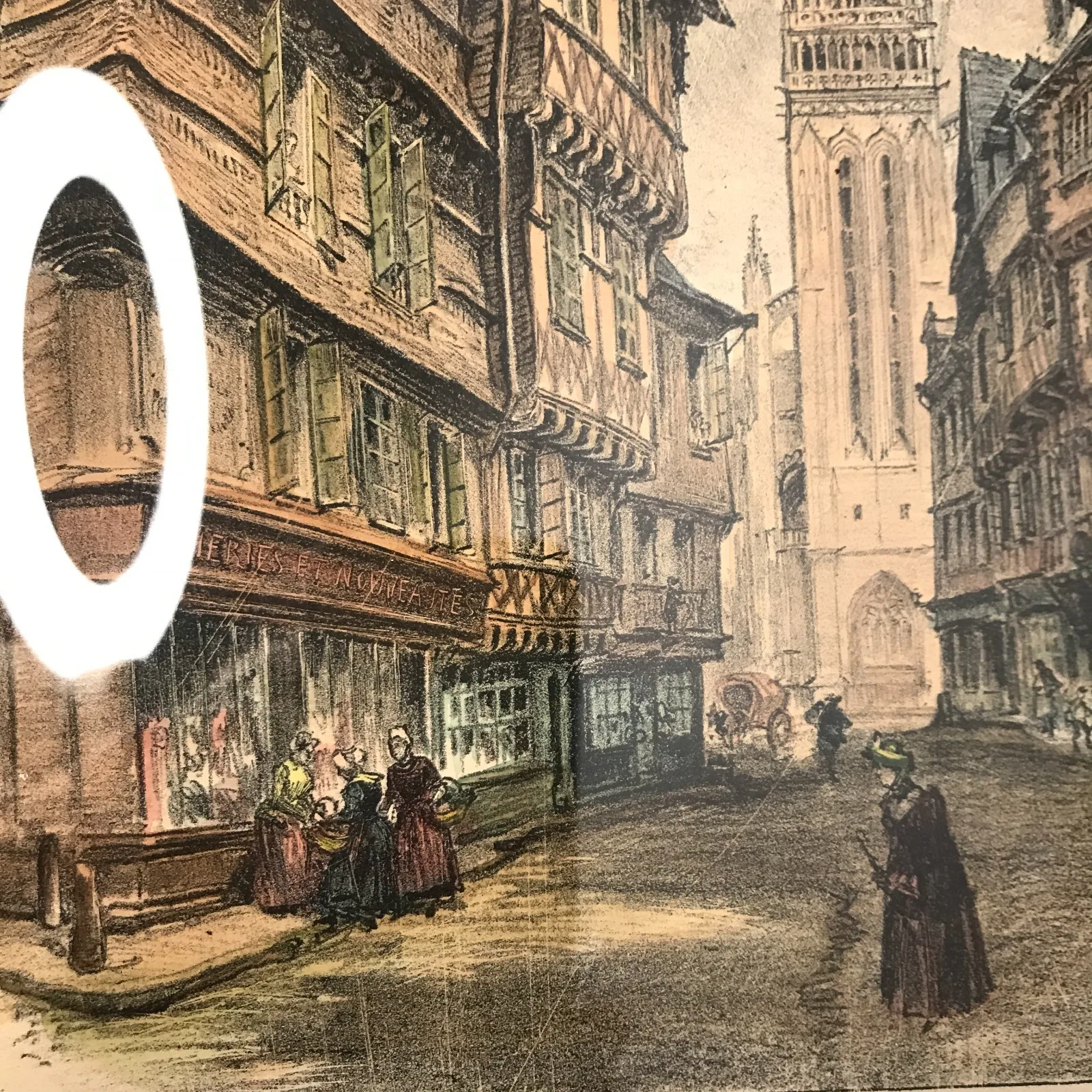 Lithograph, Crossroads in Quimper, Cathedral, Britanny, Vintage, Antique - Image 3