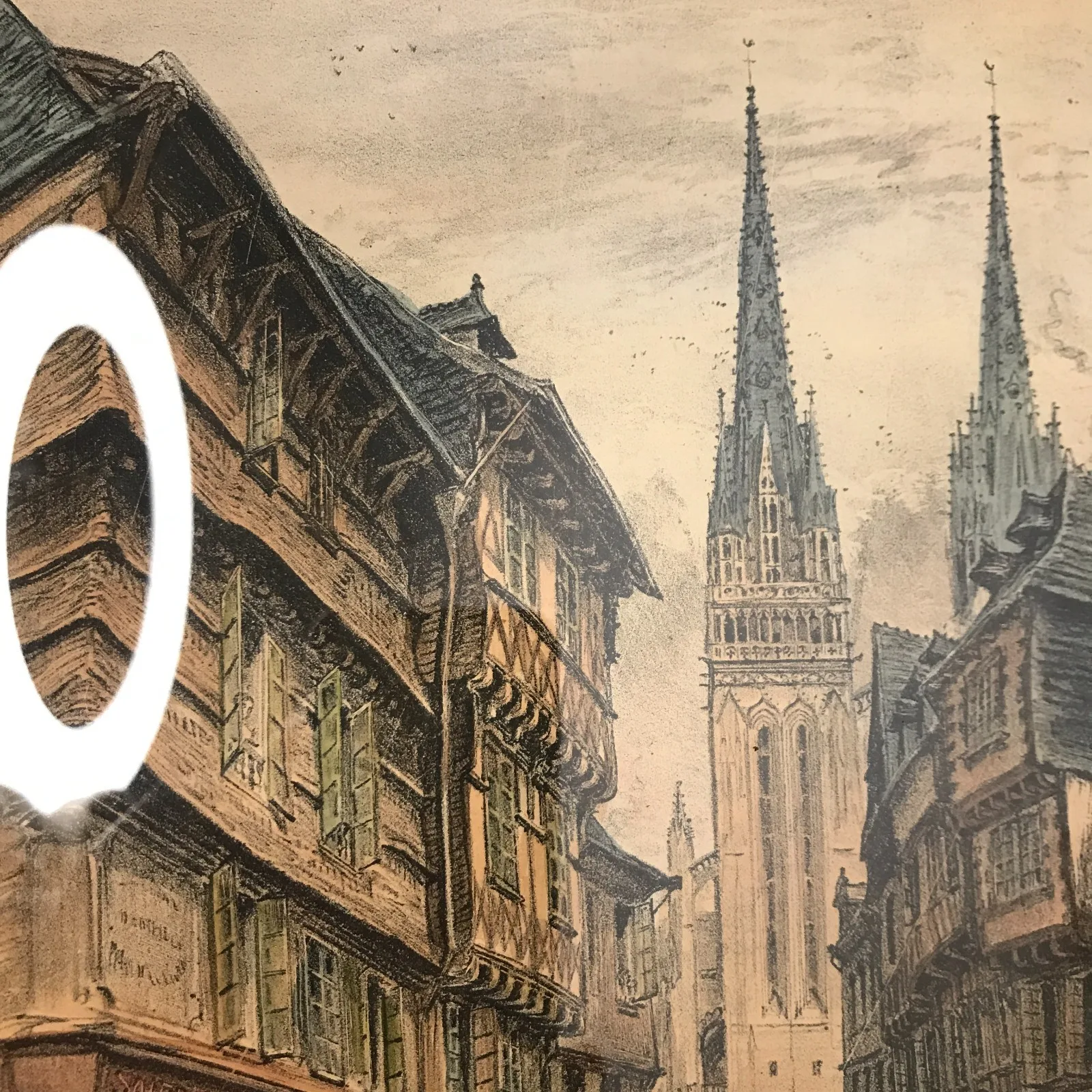 Lithograph, Crossroads in Quimper, Cathedral, Britanny, Vintage, Antique - Image 5