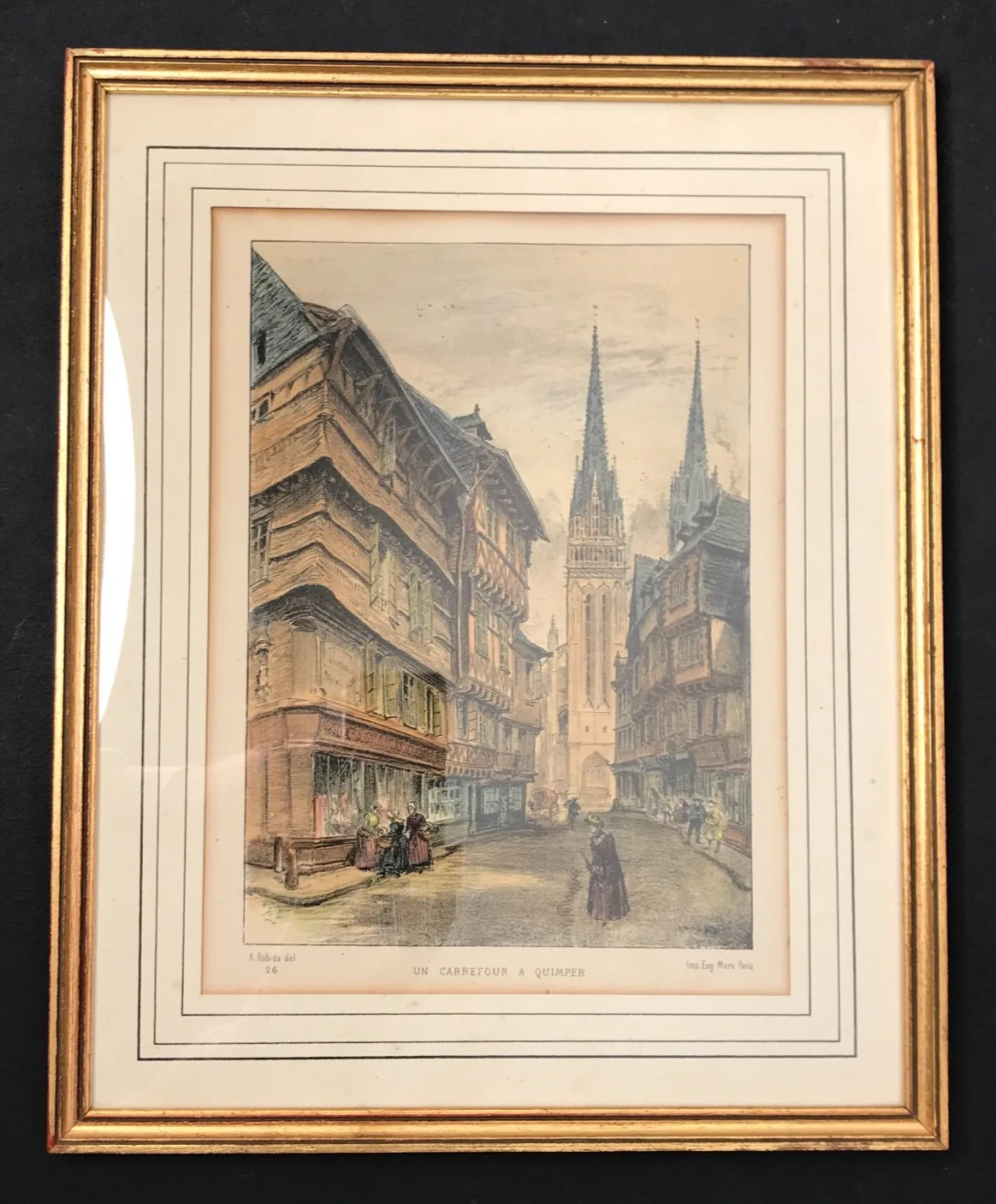 Lithograph, Crossroads in Quimper, Cathedral, Britanny, Vintage, Antique - Image 6