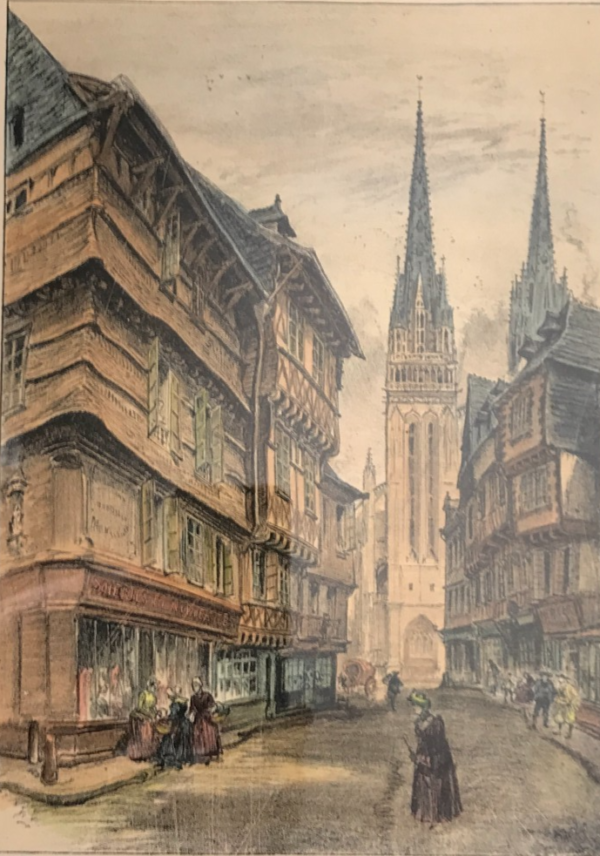 Lithograph, Crossroads in Quimper, Cathedral, Britanny, Vintage, Antique