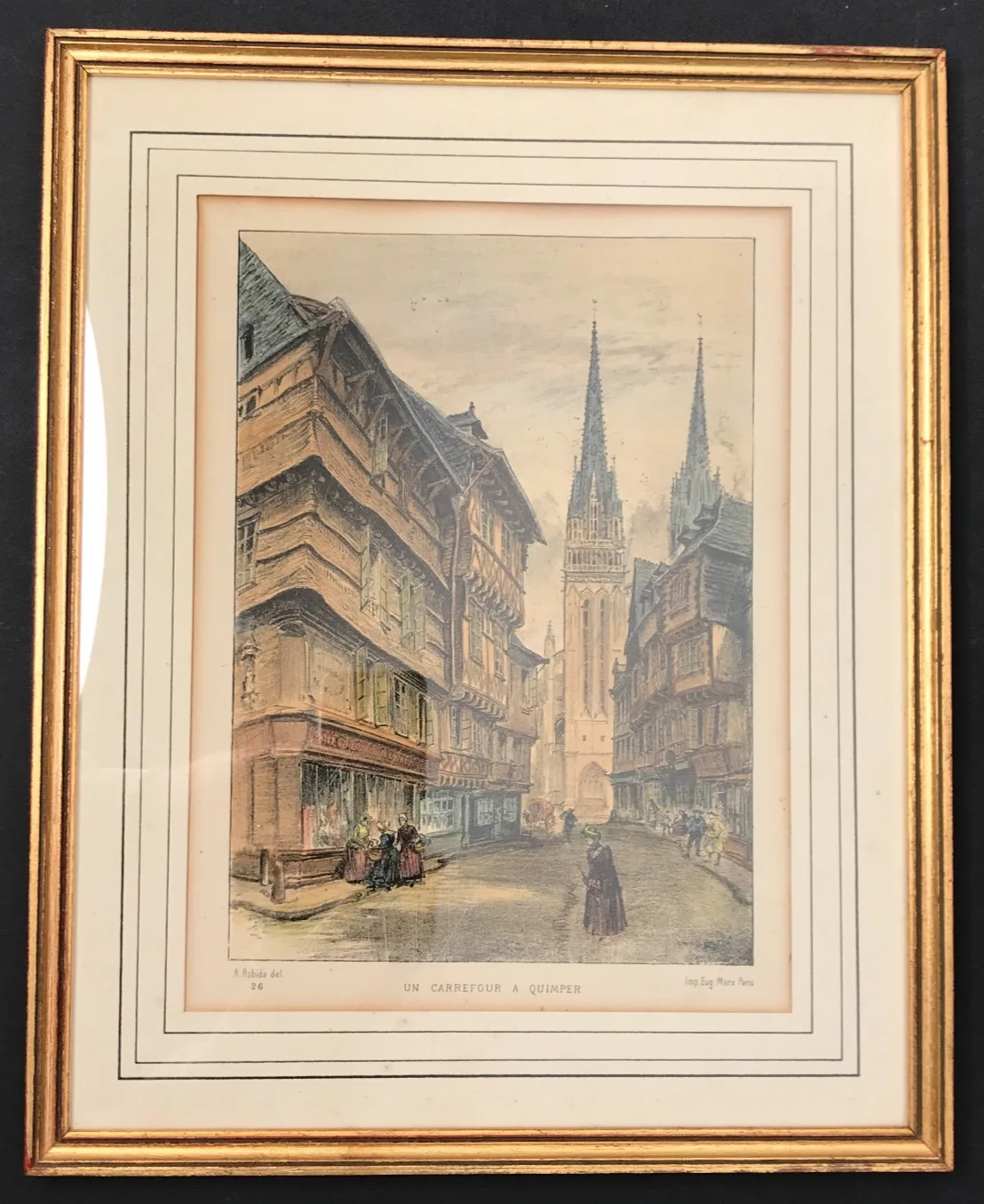Lithograph, Crossroads in Quimper, Cathedral, Britanny, Vintage, Antique - Image 7