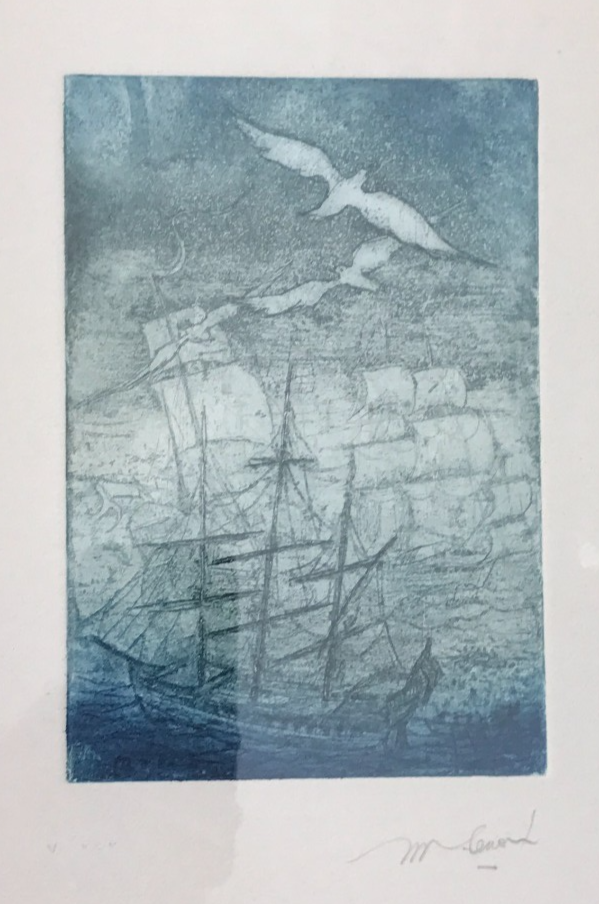 SEA etching THREE-MASTED galleons MARINE print sailboat Britanny vintage antique