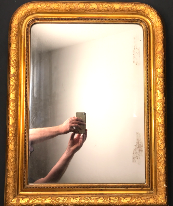 ANTIQUE GOLD MIRROR 19th-century floral decor Louis Philippe, mercury glass vintage antique