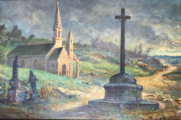 Peinture CHAPELLE signé Le BICCON tableau calvaire BRETAGNE vintage antique 1