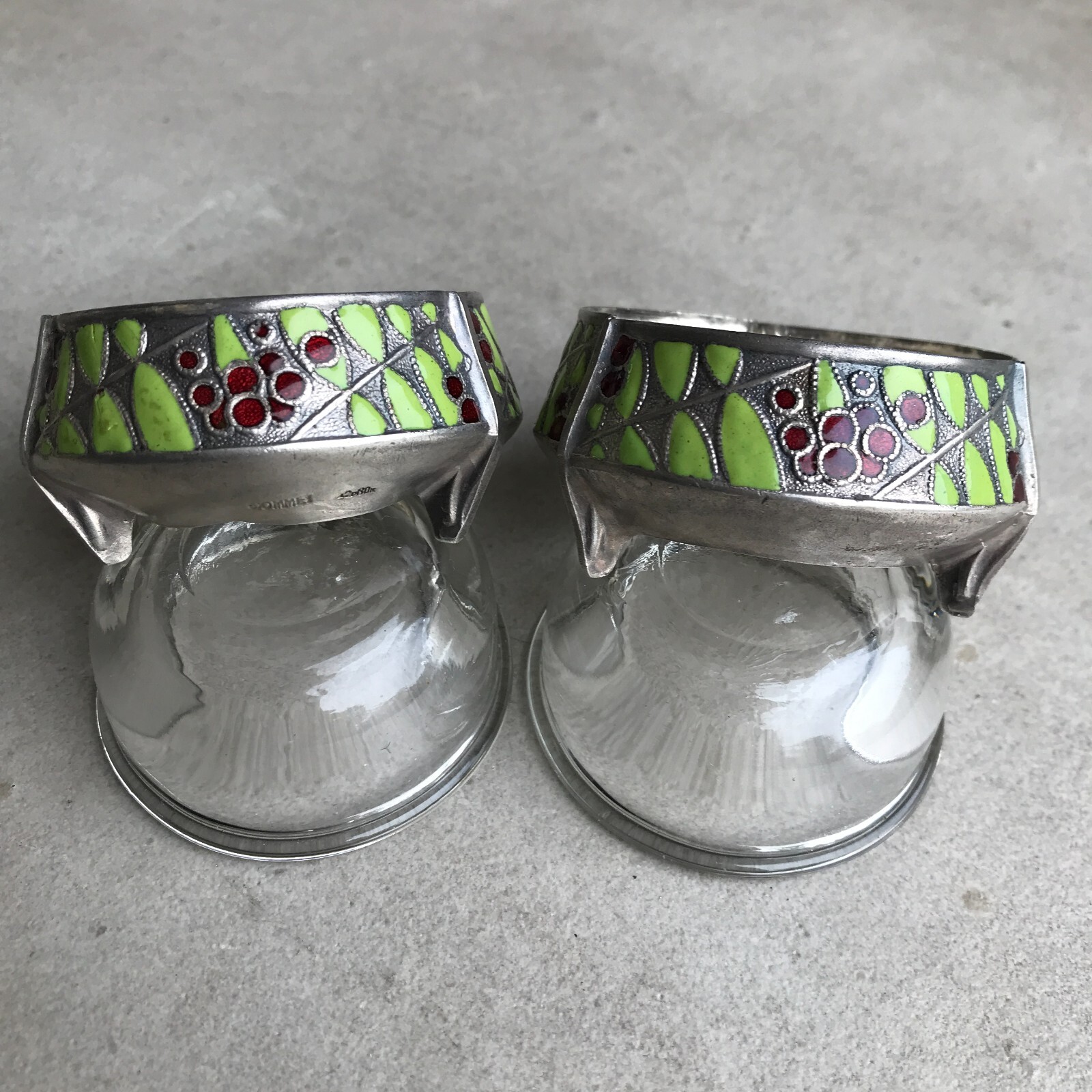 SALIERES ART DECO Métal argenté, signé, émaillé cloisonné – Image 12