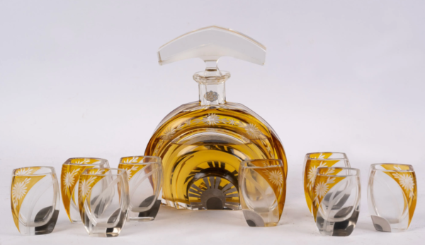 Service à liqueur ART DECO en cristal taillé, antique vintage ancien