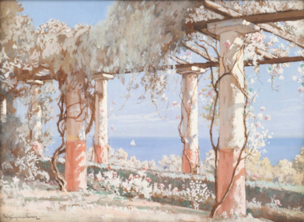 "la tonnelle" mer et voilier signé BELLANGER ADHEMAR tableau peinture antique